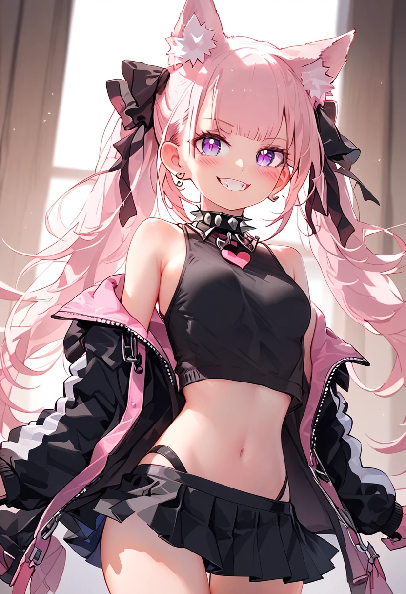 (masterpiece), (best quality), (ultra-detailed), (illustration), (an extremely delicate and beautiful), 1girl, solo, breasts, looking at viewer, blush, smile, bangs, skirt, long sleeves, ribbon, animal ears, bare shoulders, twintails, standing, purple eyes, jacket, hair ribbon, pink hair, thighs, pleated skirt, small breasts, open clothes, teeth, indoors, cat ears, miniskirt, black skirt, off shoulder, evil grin, collar, open jacket, animal ear fluff, black shirt, covered navel, thigh strap, heart-shaped pupils, extra ears, spikes, spiked collar