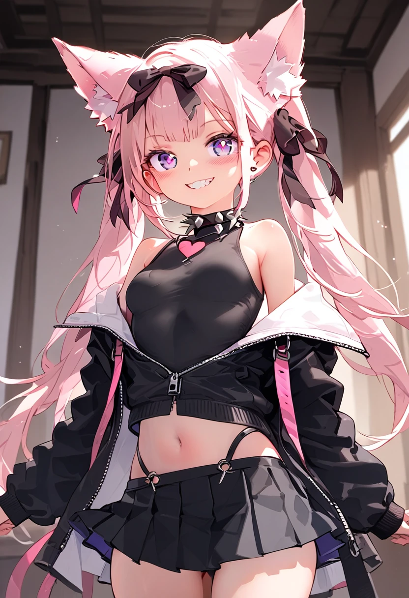 (masterpiece), (best quality), (ultra-detailed), (illustration), (an extremely delicate and beautiful), 1girl, solo, breasts, looking at viewer, blush, smile, bangs, skirt, long sleeves, ribbon, animal ears, bare shoulders, twintails, standing, purple eyes, jacket, hair ribbon, pink hair, thighs, pleated skirt, small breasts, open clothes, teeth, indoors, cat ears, miniskirt, black skirt, off shoulder, evil grin, collar, open jacket, animal ear fluff, black shirt, covered navel, thigh strap, heart-shaped pupils, extra ears, spikes, spiked collar