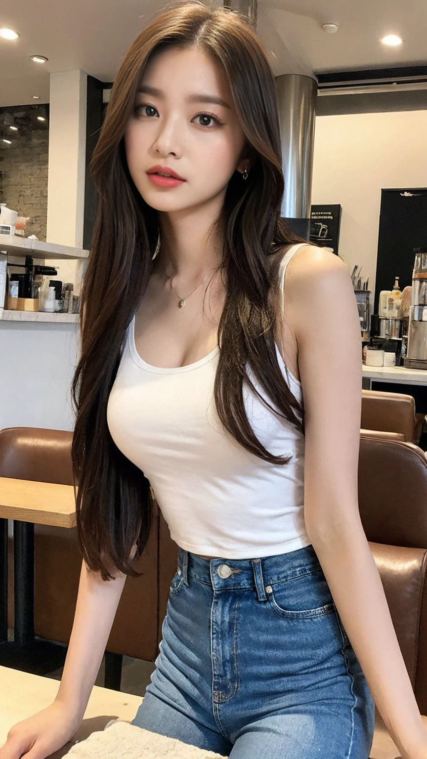 (Realistically, High resolution:1.3), Girl with perfect body, Very beautiful face and eyes,Long white hair, Random color tank top:1.2, Short Jeans Pants, At the cafe, Coffee on the table, Huge ,