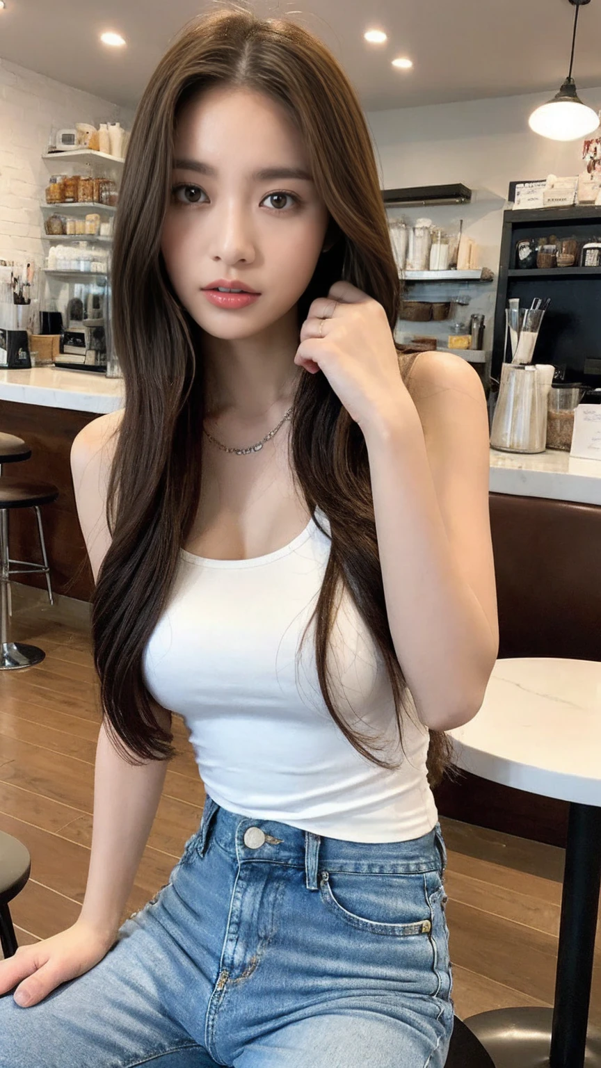 (Realistically, High resolution:1.3), Girl with perfect body, Very beautiful face and eyes,Long white hair, Random color tank top:1.2, Short Jeans Pants, At the cafe, Coffee on the table, Huge ,