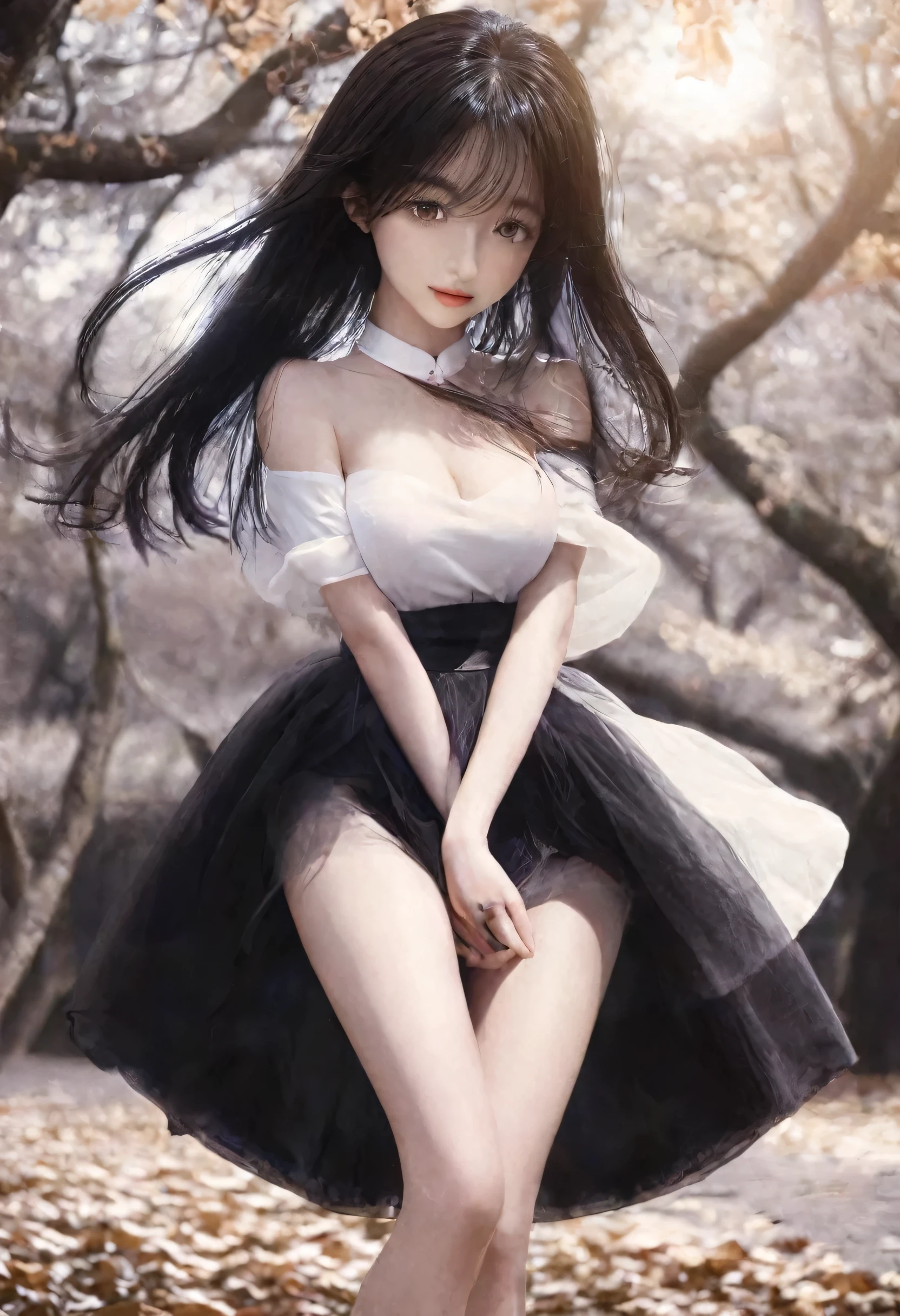 ((((Obra maestra, La mejor calidad, ultrahigh resolution)))), 1girl, happy, standing, (((doll knees, doll elbows, ((doll joints:1.2, action figure limbs:1.2, segmented body))), [mechanical body], (segmented waist), (doll waist), (black hair, dark black hair over eye:1), long hair cut, pale skin, ((brown eyes)), ((glowing_eyes)), (((ultra detailed eyes:0.7, beautiful and detailed face, detailed eyes:0.9))), ((centered)), (wide shot), facing viewer, (((outdoors, darkness, falling leaves:0.9))), medium breasts, looking at viewer, ((half closed eyes)), ((perfect hands)), (((head:1, arms, hips in view, elbows, thighs, in view))), ((hands at sides)), lively eyes, beautiful lighting, outside, outdoors, background, ((defined subject)), 25 years old, (head tilt), (((cool))), ((lively)), (((high contrast)))