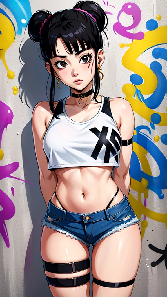 masterpiece, best quality, 1girl, solo, crop top, denim shorts, choker, (graffiti:1.5),  arms behind back, against wall, looking at viewer, armband, thigh strap, head tilt, bored, black hair, Black eyes, headset, chichi.