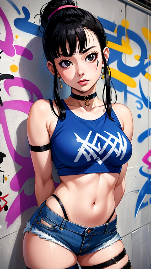 masterpiece, best quality, 1girl, solo, crop top, denim shorts, choker, (graffiti:1.5),  arms behind back, against wall, looking at viewer, armband, thigh strap, head tilt, bored, black hair, Black eyes, headset, chichi.