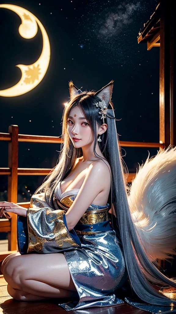 Kitsune girl,hime cut,silver eyes,gold darkblue and red tones japanese cloth, geisha dress theme sun&moon , traditional japanese , long white hair,silver fox ears, have kitsune tail, beautiful woman, silver eyes, elegant, young adult beautiful,night , starry night,sexy eyes,flirting,smile, erotic,nude, royal charm