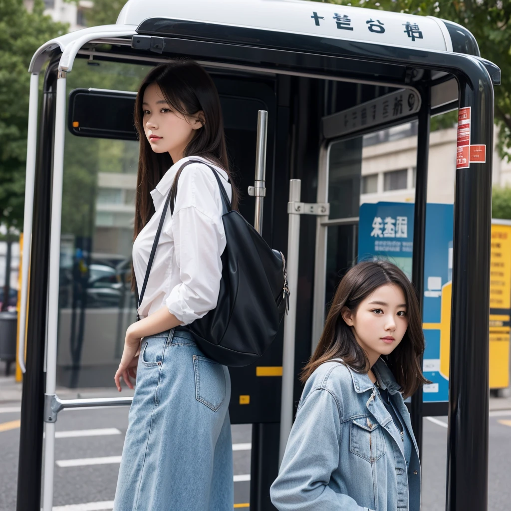 Please draw a beautiful girl going to the bus stop to take the bus to work.