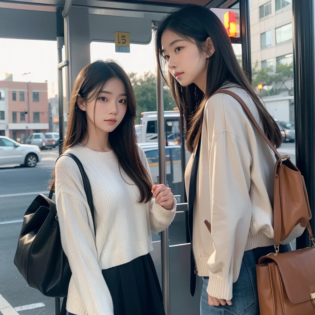 Please draw a beautiful girl going to the bus stop to take the bus to work.