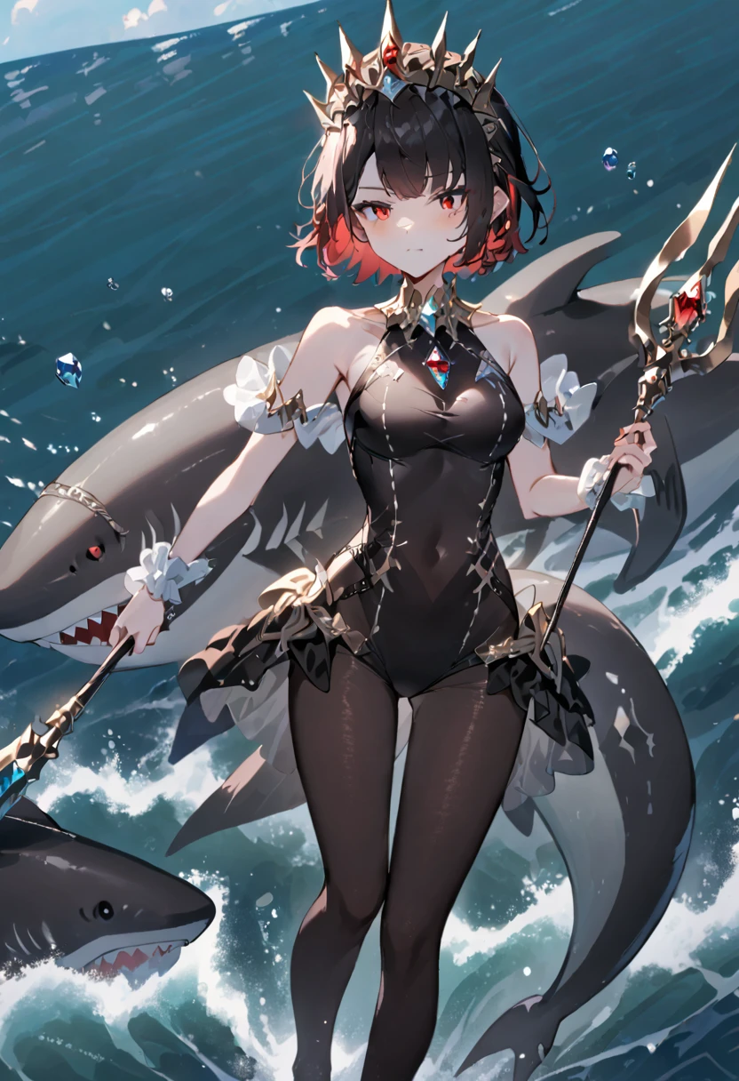 A queen standing on the sea，short hair，Red eyes，chest，Black pantyhose，Jewel swimsuit，Black shark tail，Holding a jeweled scepter