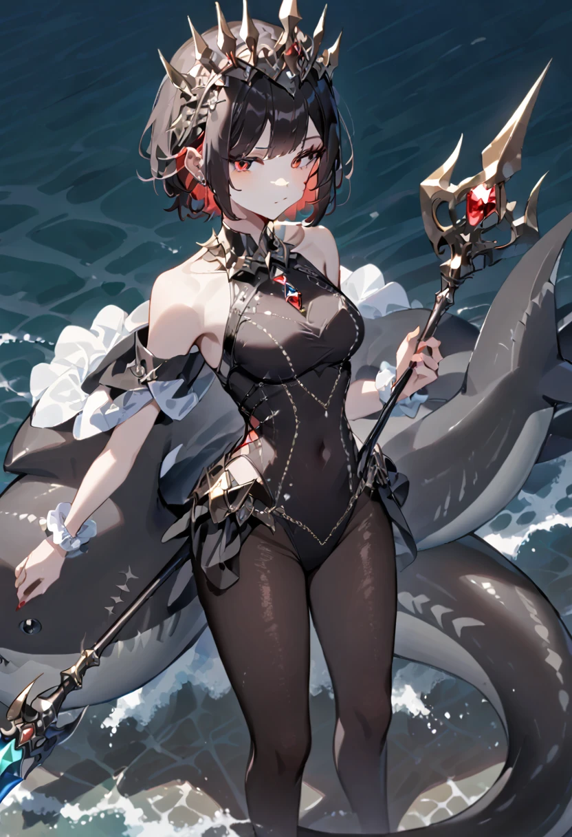 A queen standing on the sea,short hair,Red eyes,chest,Black pantyhose,Jewel swimsuit,Black shark tail,Holding a jeweled scepter