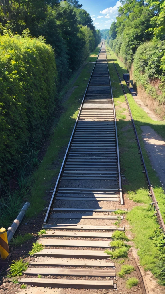 Create an image of a tranquil countryside railway crossing during the day. Include a clear blue sky with some clouds, lush greenery in the background with trees and bushes, a well-maintained gravel path leading up to the crossing, and a set of railroad tracks that vanish into the distance. Add details such as electrical poles with wires running alongside the tracks, a railroad crossing sign with red lights, yellow and black striped barriers to block the road when a train is passing, and a small sidewalk parallel to the gravel path fenced off by short white posts connected by two horizontal bars.
