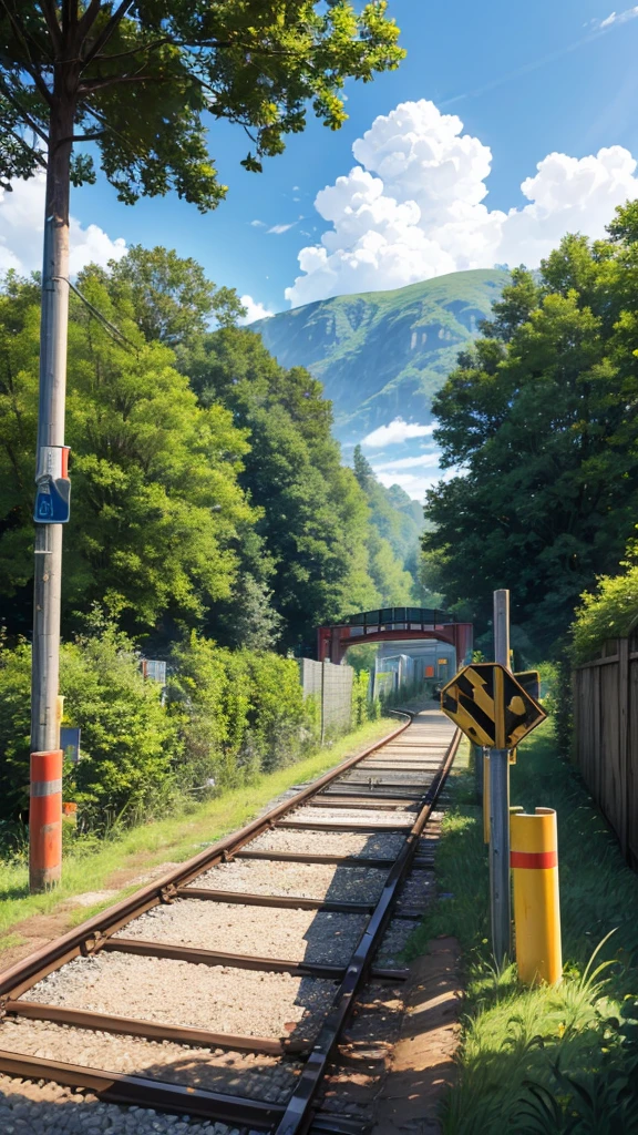 Create an image of a tranquil countryside railway crossing during the day. Include a clear blue sky with some clouds, lush greenery in the background with trees and bushes, a well-maintained gravel path leading up to the crossing, and a set of railroad tracks that vanish into the distance. Add details such as electrical poles with wires running alongside the tracks, a railroad crossing sign with red lights, yellow and black striped barriers to block the road when a train is passing, and a small sidewalk parallel to the gravel path fenced off by short white posts connected by two horizontal bars.
