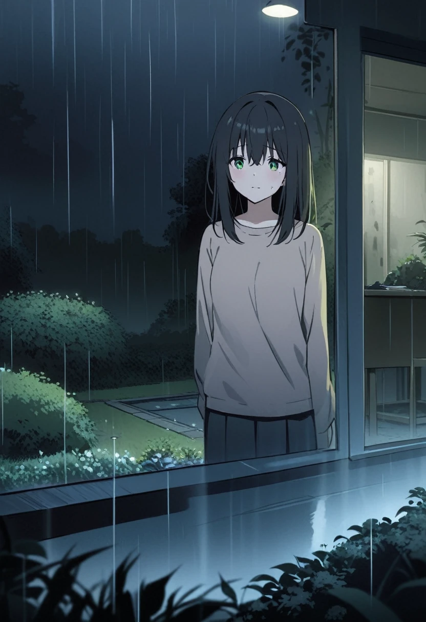just a picture.Depressing picture.Picture of a garden with rain.Night time.Girl with black hair and green eyes.