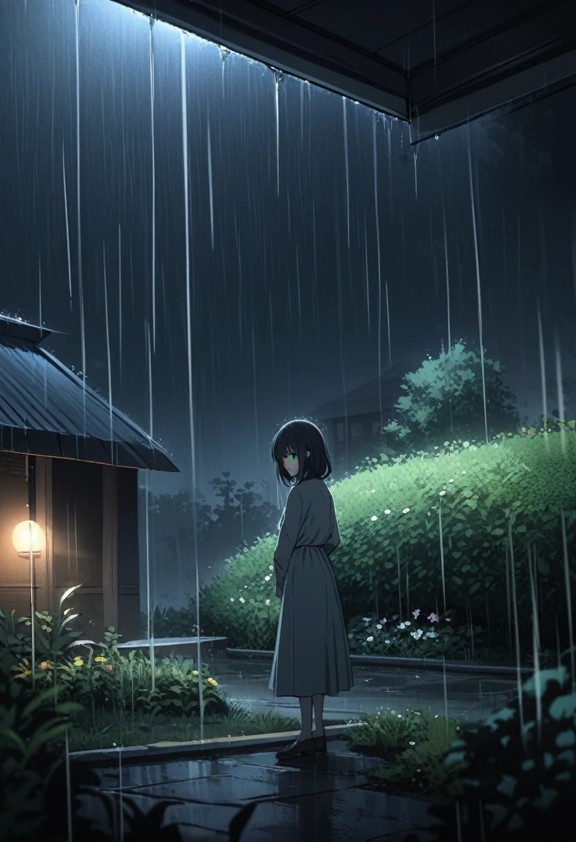 just a picture.Depressing picture.Picture of a garden with rain.Night time.Girl with black hair and green eyes.
