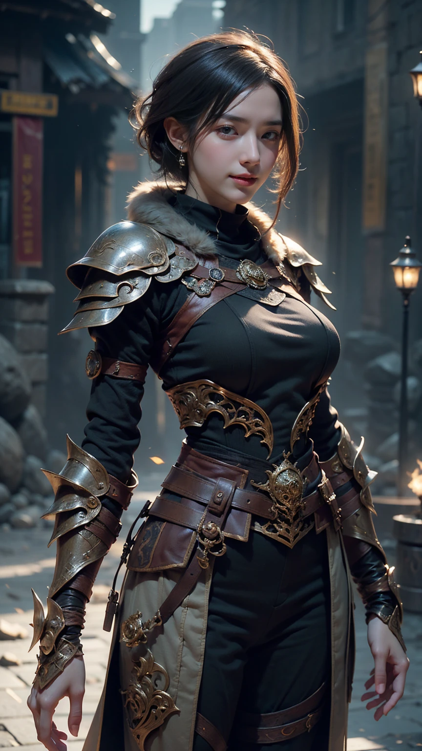 ((Front facing)), Game art，The best picture quality，Highest resolution，32K，(A bust photograph)，(Portrait)，(Head close-up)，(Rule of thirds)，Unreal Engine 5 rendering works， (The Girl of the Future)，(Female Warrior)， 20-year-old girl，sexy,  elegant smile, short hair, ((Hunter, Marshal gunsling))，An eye rich in detail，(Big breasts)，Elegant and noble，indifferent，brave， （Medieval-style fur combat clothing, sexy lace top，Glowing magic lines，Animal skin clothing with rich detailedieval Lady Knight，Medieval ranger， photo poses，simple background，Movie lights，Ray tracing，Game CG，((3D Unreal Engine))，OC rendering reflection pattern