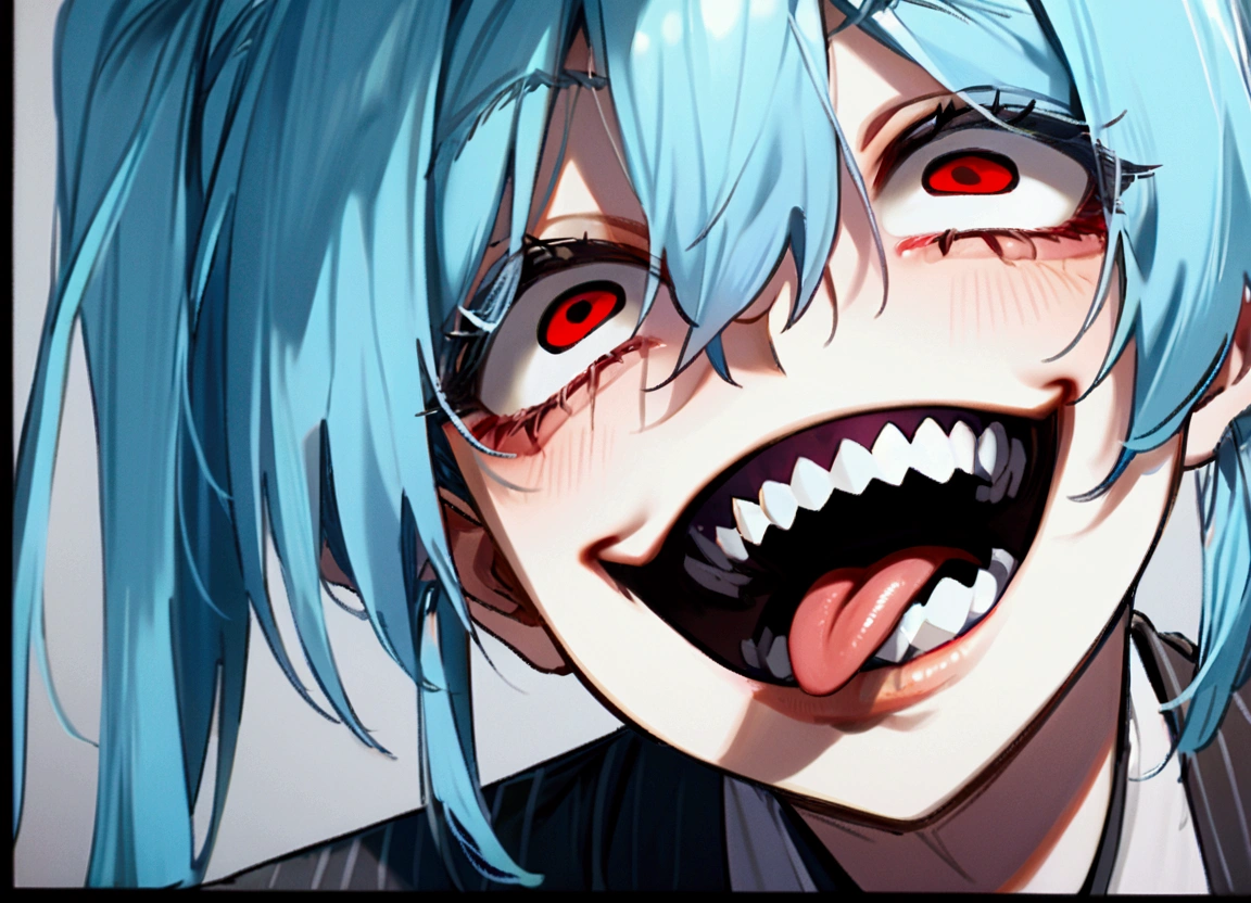 Light blue hair, twin-tail hair, female, black business suit, scary smile, pointed teeth, tongue protruding.