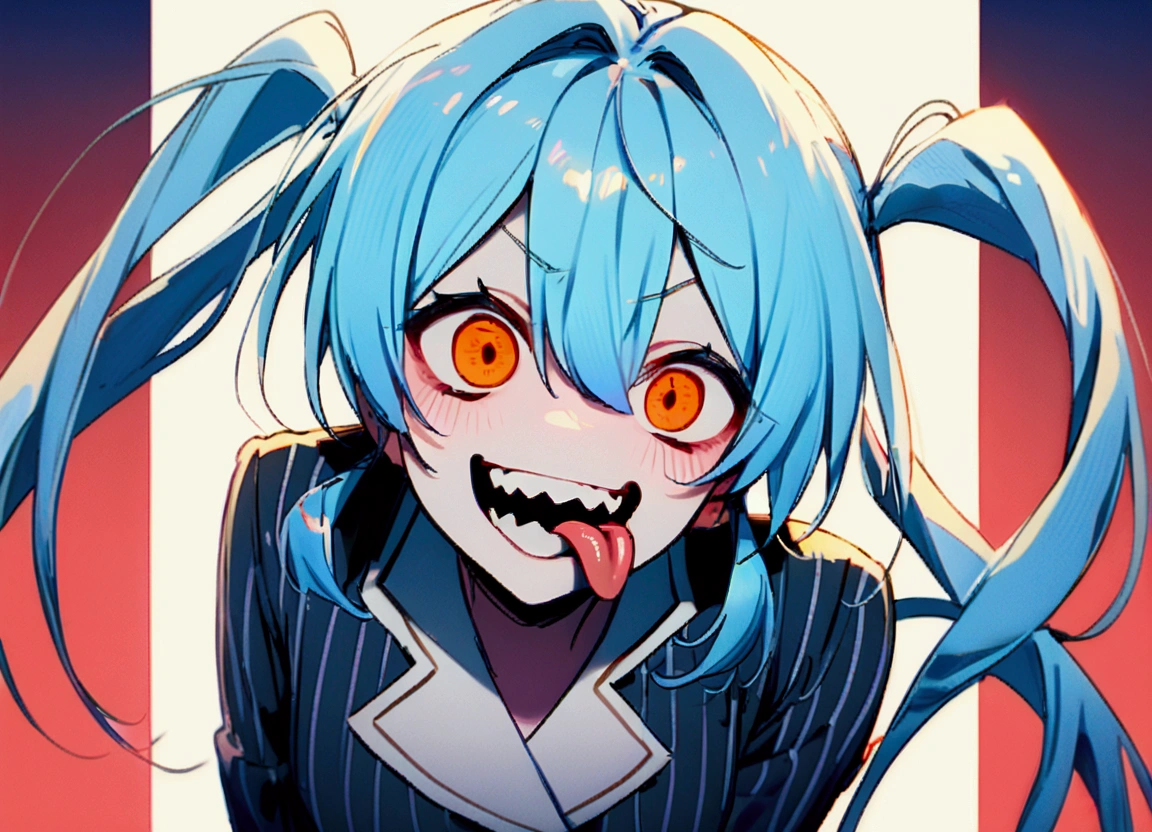 Light blue hair, twin-tail hair, female, black business suit, scary smile, pointed teeth, tongue protruding.