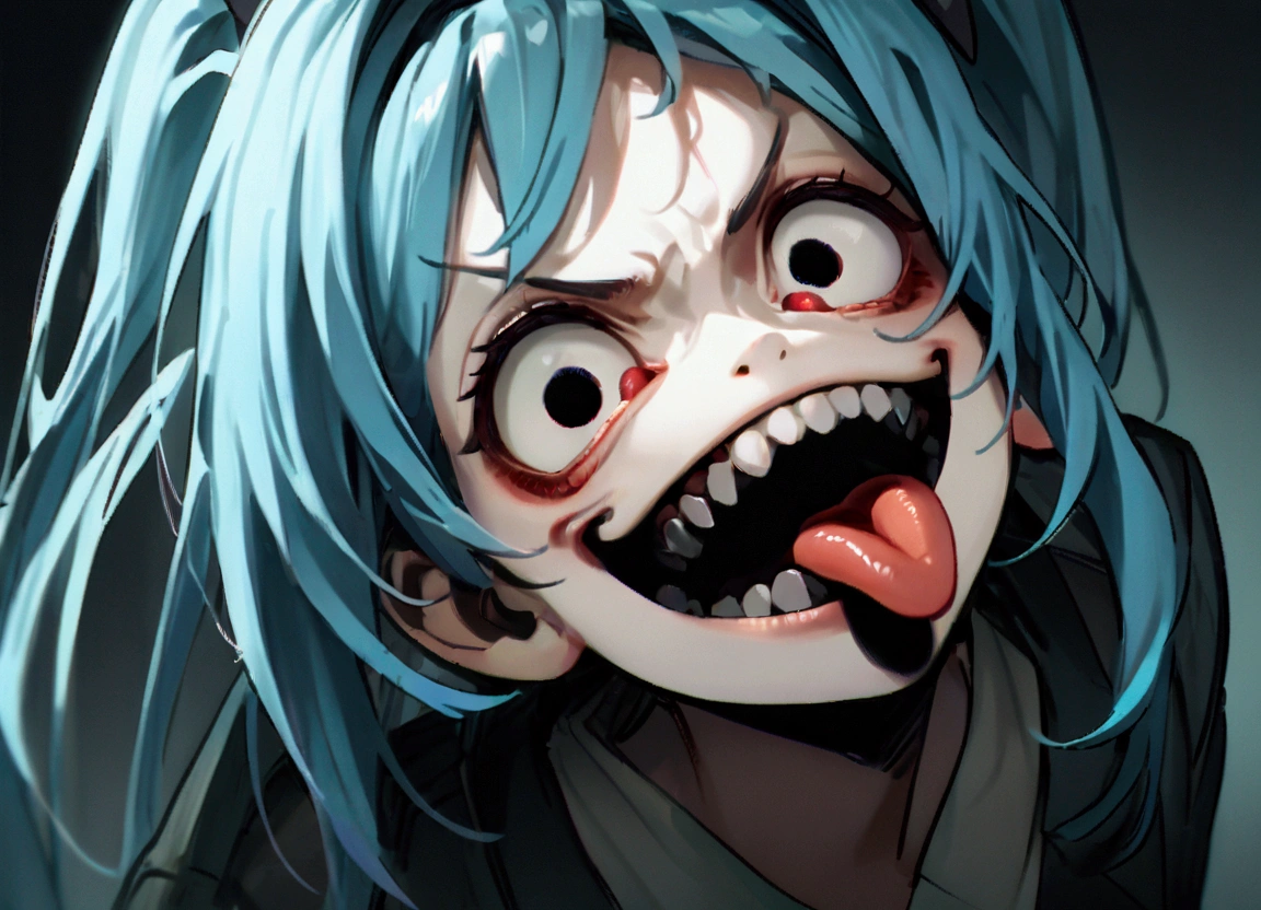 Light blue hair, twin-tail hair, female, black business suit, scary smile, pointed teeth, tongue protruding.