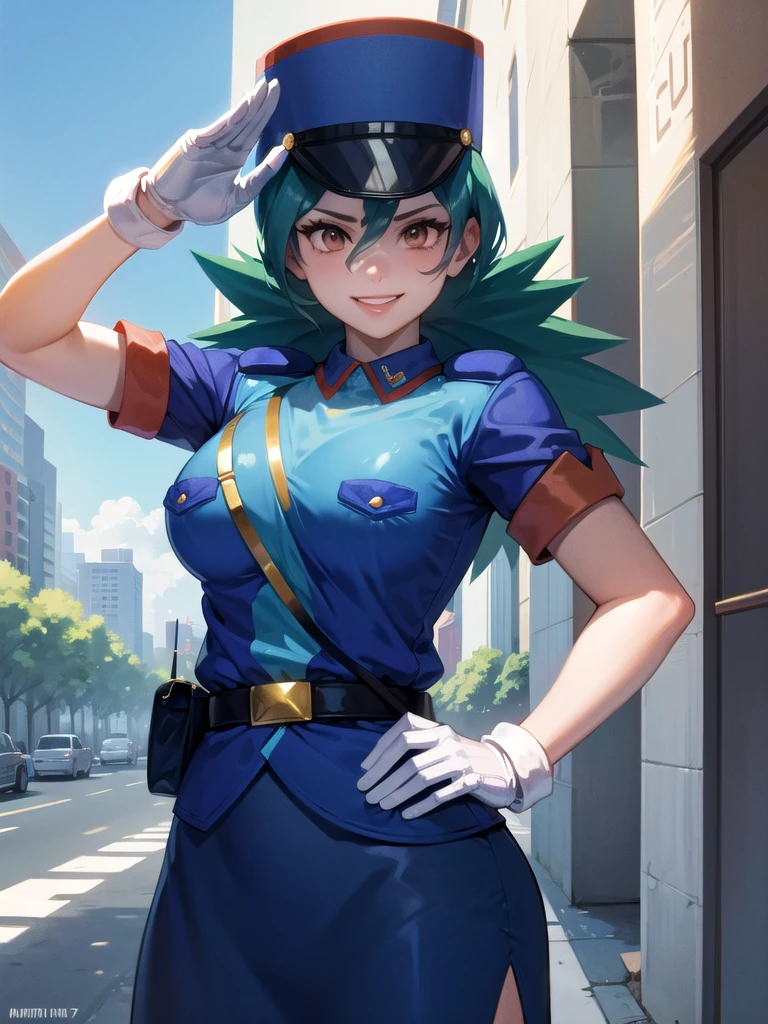 masterpiece, best quality, pkmnJenny, blue hat, police uniform, blue shirt, short sleeves, belt, pencil skirt, white gloves, cowboy shot, looking at viewer, smile, cityscape, blue sky, mature woman, large breasts, salute,, from below
