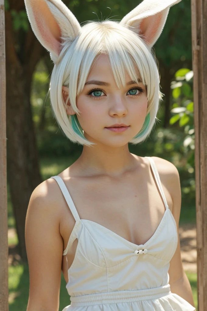 A girl with short white hair. She has green eyes. She has rabbit ears a nd a rabbit tail.