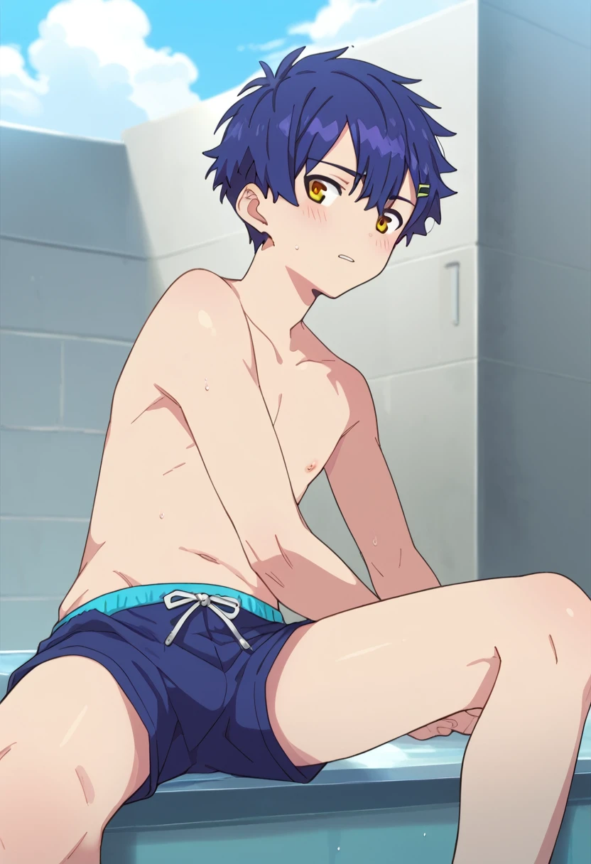 (score_9,score_8_up,score_7_up,score_6_up,score_5_up,score_4_up, source_anime), 8k, best quality, best lighting, BREAK, 1boy,  yo, toned, blue hair, orange eyes, male face, male eyes, male focus, yomogi asanaka, hairclips, hair ornaments, completely naked, big penis, erect, big testicles, urethral masturbation with glasses temple, half eyes, clenched teeth, blush, from above