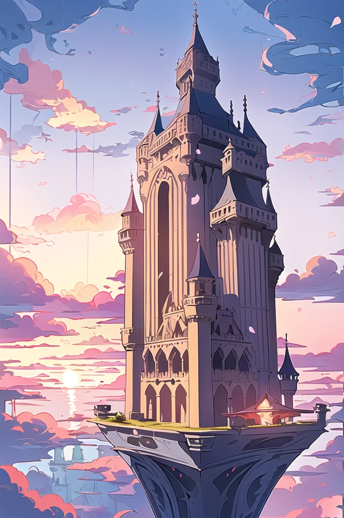 (Extremely detailed floating city:1.3), ((1 detailed mirage-castle floats above the clouds)and(Detailed floats minarets illusion, detailed floats belfry illusion)and(Highly transparent mirage)and(Detailed view of the base of the Mirage castle)),ultra-detailed,extremely detailed and beautiful, sky and white cloud and sunset glow background,ultra-detailed birds, (floating city in bloom, Floating petals, blooming gardens in the sky,  many vines on the wall:1.2)
Imagination, dream
/=
1 girl, (1 girl at floating city:1.3), (solo),red hair ,(Super wide Angle lens), (back), behind head, white dress, (full body), (bare feet), (Backless dress), the girl away from camera, Holy Light,