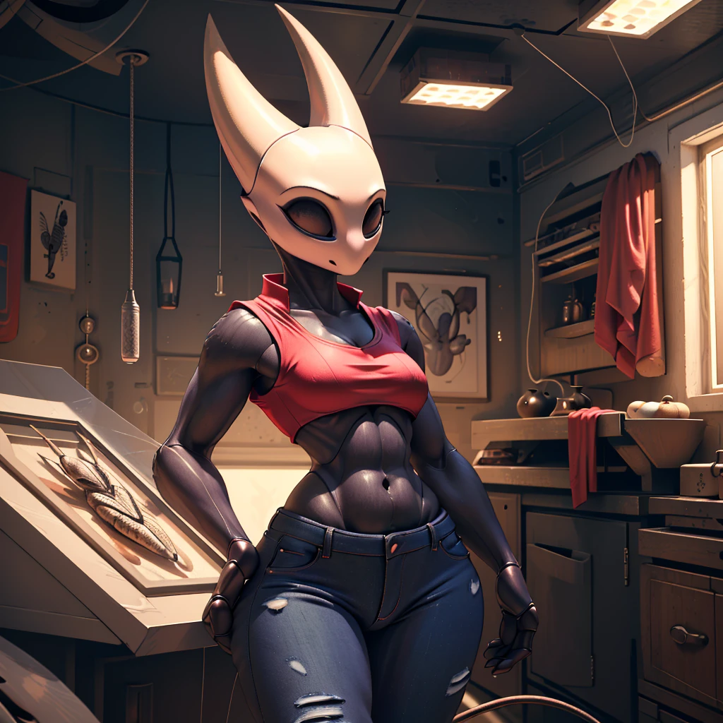 (masterpiece), ((perfect anatomy)), (high Res), (4k), hornet, ((insectoid)), ((segmented body)), ((insect body parts)), black body, (white head), 3 fingers(index, middle and thumps), flat chest, wide hips, (((red top))), (((tight jeans))), using her phone, (((solo))), narrow waist, (((((realistic artstyle)))))