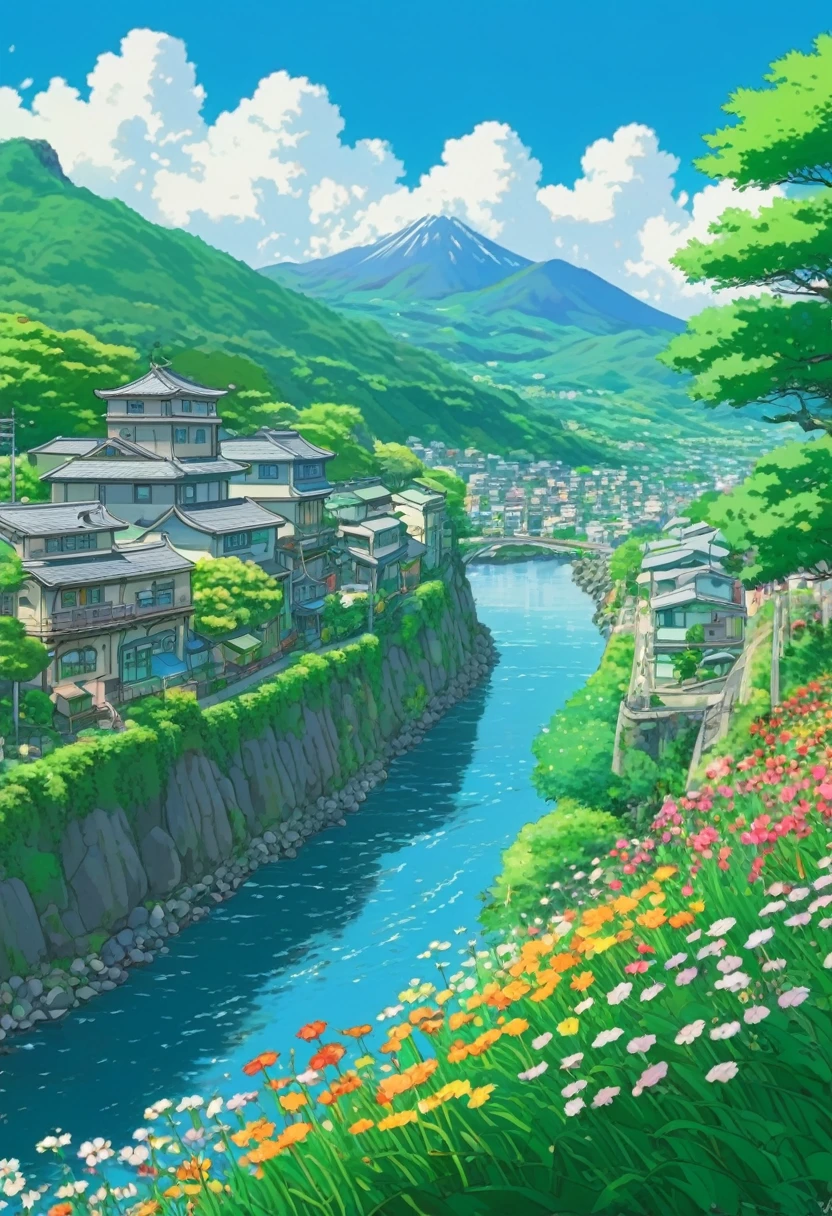 a painting of studio ghibli streets, still from the wind rises movie, multicolored flowers, river, anime, japanese, flower background, flowery wallpaper, flowers background, floral background, mountainous background, mountain background. by makoto shinkai, ghibli artstyle, 4k professional painting, game, detailed key anime art, illustation, a beautiful artwork illustration, beautiful digital painting, highly detailed digital painting, beautiful digital artwork, detailed painting 4 k, very detailed digital painting, rich picturesque colors, gorgeous digital painting