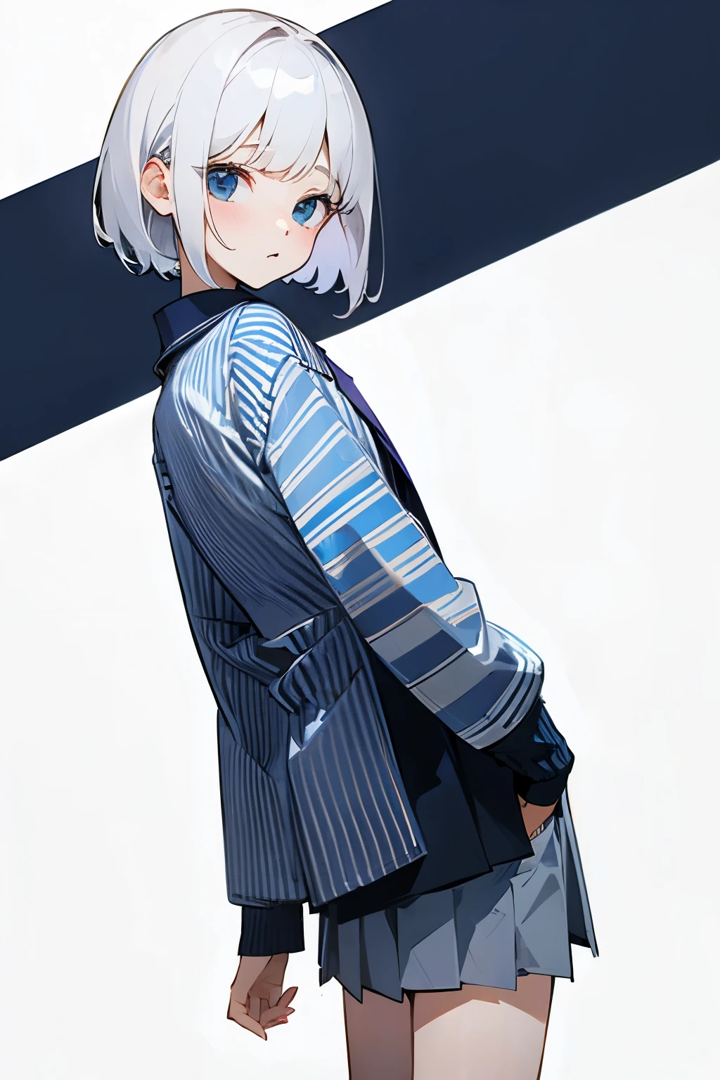 Short white hair, 16 years old、White shirt、Navy blue striped jacket、Cute Skirt、Embarrassing、Background is white、