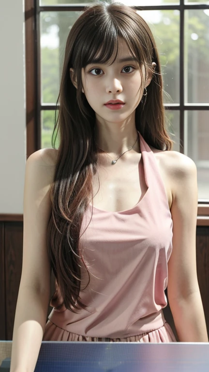 masterpiece, Top quality, (Practical, Reality: 1.4), (RAW photos: 1.2), 高度detailed CG Unity 8k 壁纸, Very delicate and beautiful, Astonishing, detailed, Official Art, absurd, very stupid, Huge file size, Very detailed, very complicated, Beautiful eyes and face, Beautiful and delicate eyes, There is light on the face, A girl, Long hair, (Ping Pong) Umbilical cord, Upper Body , sleeveless tops, bare arm, Bangs, School, classroom, ulzzang-6500-v1.1