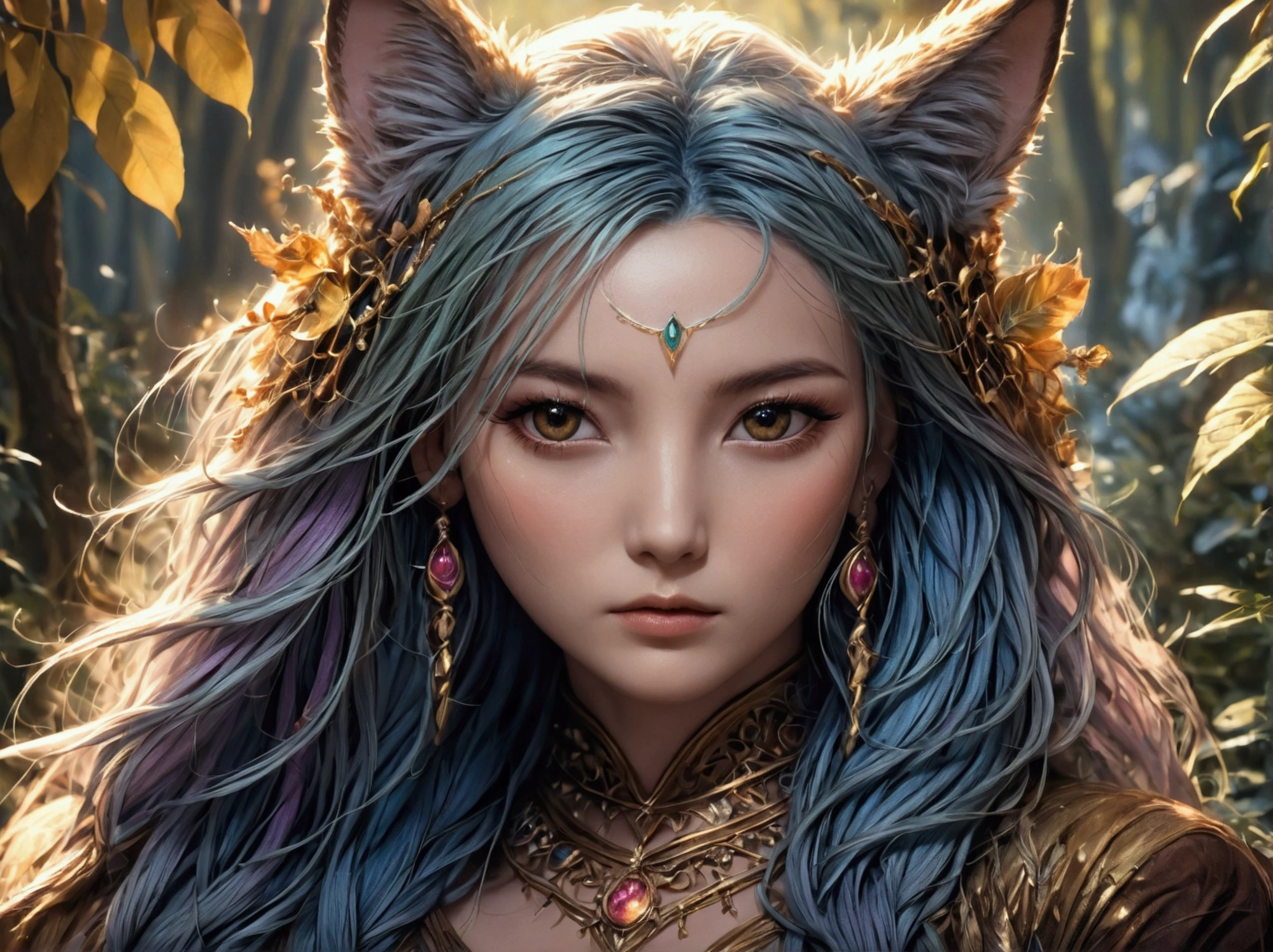 A beautiful, enchantingly elusive humanoid faunus woman, every aspect exudes magic in the midst of danger: shimmering rainbow fur, ethereal golden horn, and eyes that seem to hold the secrets of the universe. The mystical creature is surrounded by a lush, enchanted forest, bathed in the soft light of the setting sun, creating a dreamlike atmosphere that transports viewers to a realm of fantasy and wonder. This breathtaking image is a digital painting that captures the essence of the mythical creature with stunning detail and masterful technique, making it a truly mesmerizing work of art.