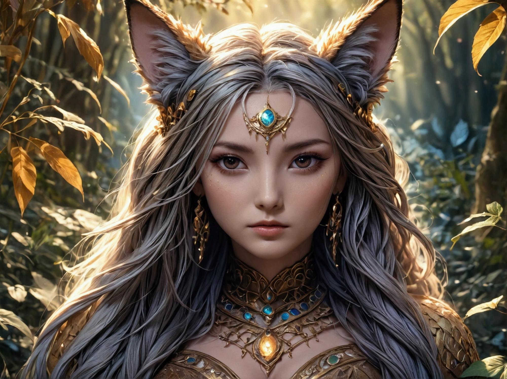 A beautiful, enchantingly elusive humanoid faunus woman, every aspect exudes magic in the midst of danger: shimmering rainbow fur, ethereal golden horn, and eyes that seem to hold the secrets of the universe. The mystical creature is surrounded by a lush, enchanted forest, bathed in the soft light of the setting sun, creating a dreamlike atmosphere that transports viewers to a realm of fantasy and wonder. This breathtaking image is a digital painting that captures the essence of the mythical creature with stunning detail and masterful technique, making it a truly mesmerizing work of art.