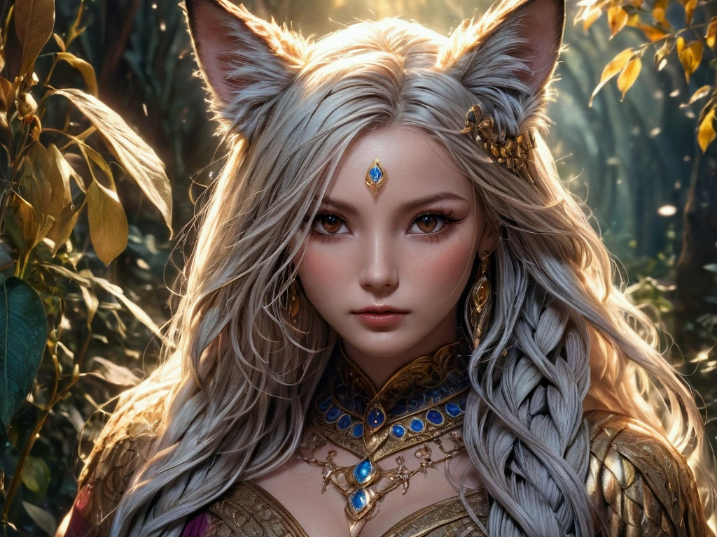 A beautiful, enchantingly elusive humanoid faunus woman, every aspect exudes magic in the midst of danger: shimmering rainbow fur, ethereal golden horn, and eyes that seem to hold the secrets of the universe. The mystical creature is surrounded by a lush, enchanted forest, bathed in the soft light of the setting sun, creating a dreamlike atmosphere that transports viewers to a realm of fantasy and wonder. This breathtaking image is a digital painting that captures the essence of the mythical creature with stunning detail and masterful technique, making it a truly mesmerizing work of art.