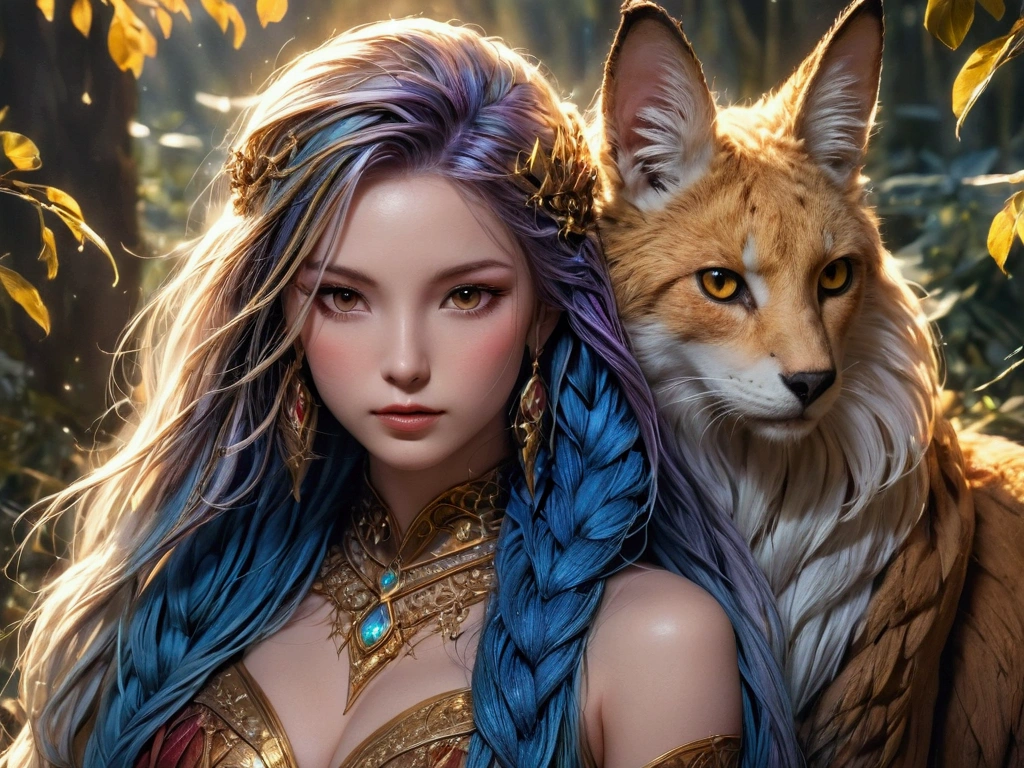 A beautiful, enchantingly elusive humanoid faunus woman, every aspect exudes magic in the midst of danger: shimmering rainbow fur, ethereal golden horn, and eyes that seem to hold the secrets of the universe. The mystical creature is surrounded by a lush, enchanted forest, bathed in the soft light of the setting sun, creating a dreamlike atmosphere that transports viewers to a realm of fantasy and wonder. This breathtaking image is a digital painting that captures the essence of the mythical creature with stunning detail and masterful technique, making it a truly mesmerizing work of art.