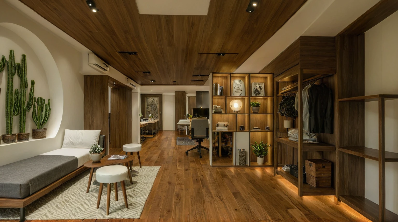 Raw photo, Masterpiece, high quality, best quality, authentic, super detail, interior, indoors,  style modern, minimalist line, wooden, dark walnut wood, LED light, white paint wall, LIVING ROOM, PEN HOUSE, wooden window, japan style, wasabi style, Jen style, paint wall, Indochine style, bedroom, melamine wood, child room, office