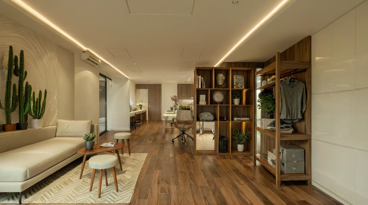 Raw photo, Masterpiece, high quality, best quality, authentic, super detail, interior, indoors, style modern, minimalist line, wooden, dark walnut wood, LED light, white paint wall, LIVING ROOM, PEN HOUSE, wooden window, japan style, wasabi style, Jen style, paint wall, Indochine style, bedroom, melamine wood, child room, office