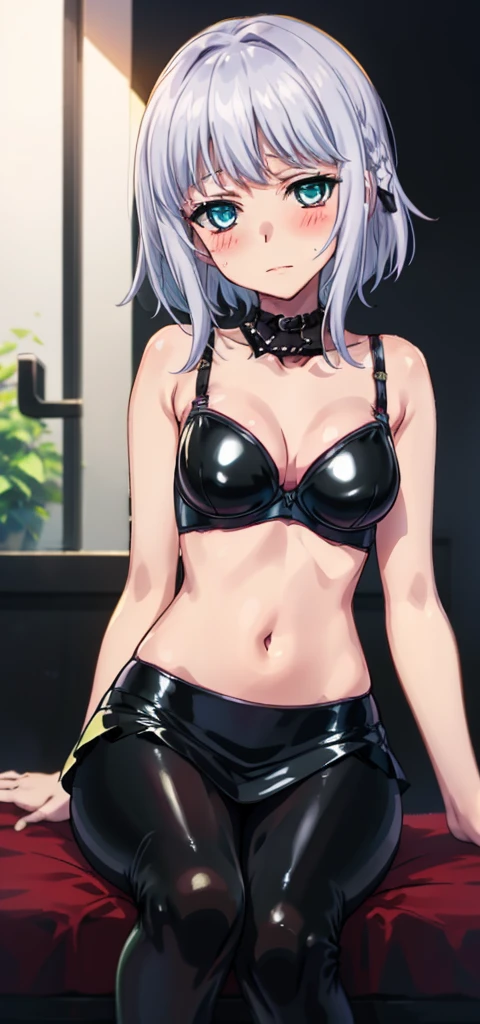 1 girl, kanon kanase,  , blush, medium breasts, sleeveless,( latex outfit,black latex bra, black latex skirt), sitting,  20-year-old, healthy skin.