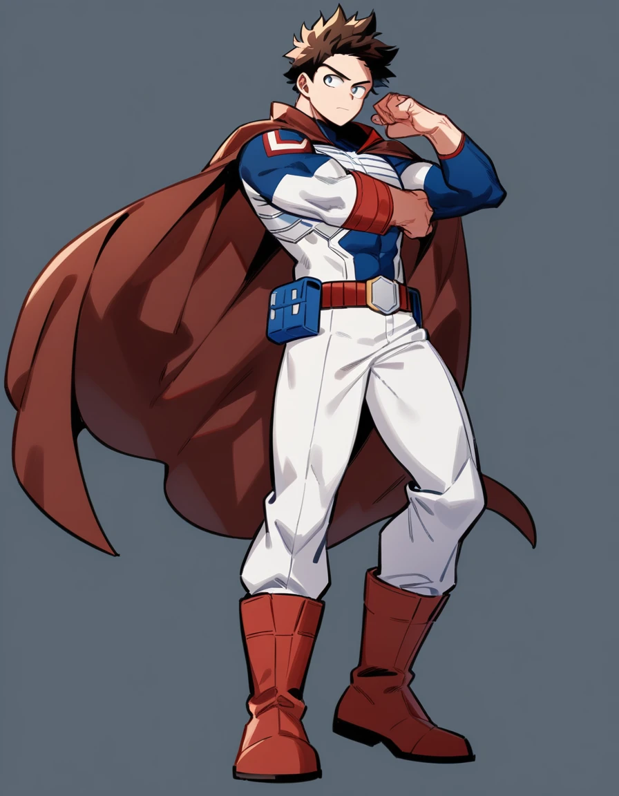 One boy, male focus, brown short hair, boku no hero academia, Izuku Midoriya look alike, masterpiece, best quality, very aesthetic, red, blue, white super hero suit, cape, boots, captain America like, proportionally anatomical, full body illustration, casual front pose.