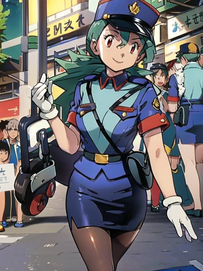 masterpiece, best quality, ultra-detailed, officer jenny, pokemon, 1girl, solo, long hair, smile, red eyes, green hair, white gloves, police hat, miniskirt, bag, star (symbol), uniform, blue skirt, blue shirt, pencil skirt, brown pantyhose, police uniform, realistic, city background volumetric lighting, intricate details, tonemapping, sharp focus, hyper detailed