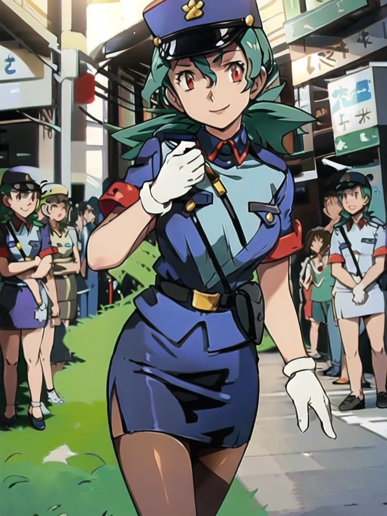 masterpiece, best quality, ultra-detailed, officer jenny, pokemon, 1girl, solo, long hair, smile, red eyes, green hair, white gloves, police hat, miniskirt, bag, star (symbol), uniform, blue skirt, blue shirt, pencil skirt, brown pantyhose, police uniform, realistic, city background volumetric lighting, intricate details, tonemapping, sharp focus, hyper detailed