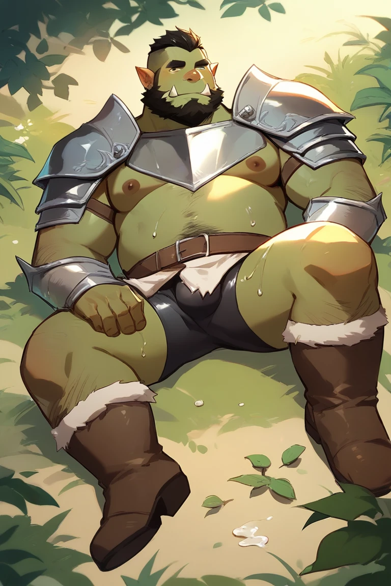 score_9, score_8_up, score_7_up, solo, male focus, chubby male, orc, green skin, tusks, beard, outdoors, micro armor , shoulder armor, breastplate, upper body , pauldrons, day, boots , (( black tight shorts )) , full body , laying spread legs , His body was wet with cum