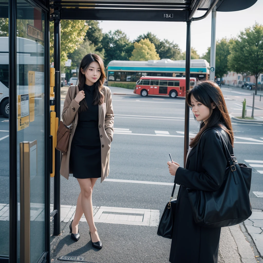 Please draw a beautiful lady going to the bus stop to take the bus to work.