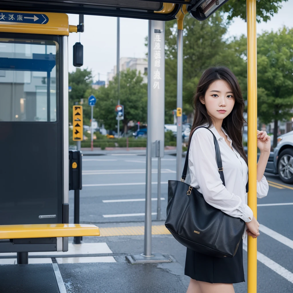 Please draw a beautiful lady going to the bus stop to take the bus to work.