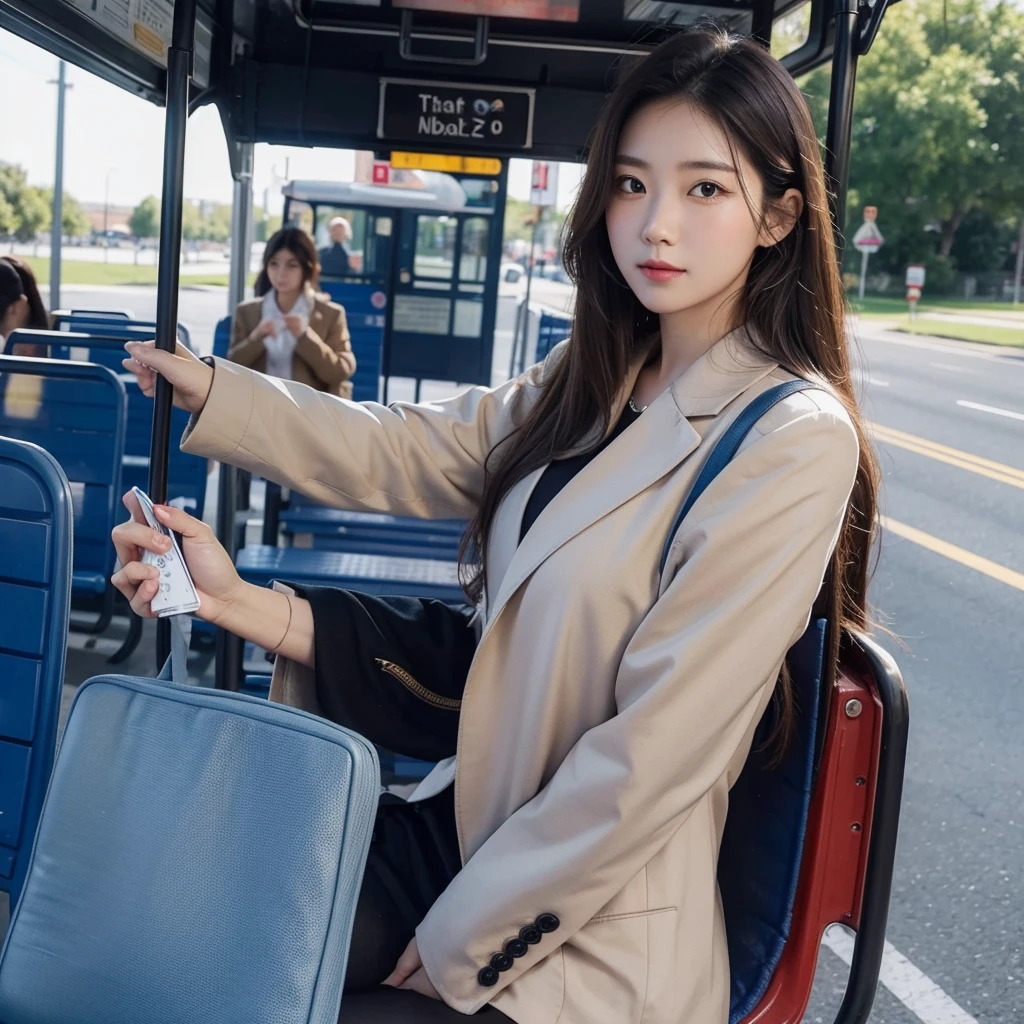 Please draw a beautiful lady going to the bus stop to take the bus to work.