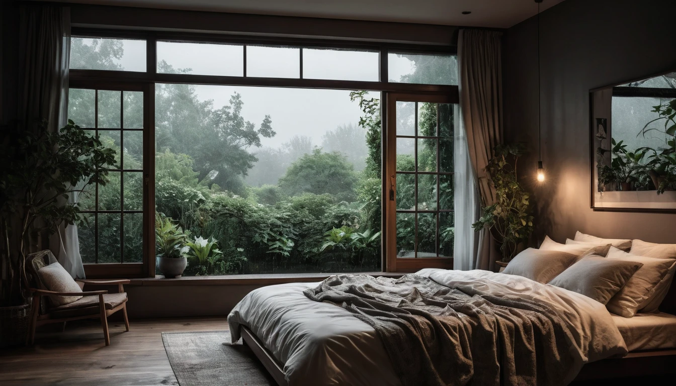 The picture shows a cozy gloomy bedroom, with a large window offering a view of a beautiful, dimly lit garden AND a garden soaked in FLOWERS, the cobblestones of the Japanese house concept. CINEMATIC, JAPANESE HOUSE, the shape of a Japanese house, and lots of flower gardens in the garden. The bed was unmade with rumpled sheets, indicating only a light sleep. the room is dark, gloomy, looks dim, gloomy. Beside the bed there is a small table with a classic lamp that radiates warm light into the room. Outside the window you can see the lush greenery of the terrace or balcony area, the rain is falling, the lamp on the left provides warm lighting, creating a calm and peaceful atmosphere. with fog obscuring part of the view in the distance. The contrast between the warmth indoors and the rain outdoors creates an inviting and calming atmosphere