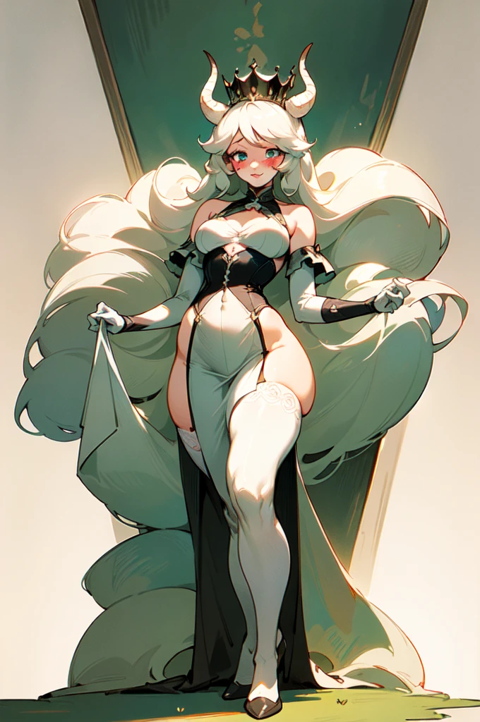 (Best quality,Unbeatable masterpiece:1.4),Ultra-detailed CG 4K,(Ultra-Detailed Clear Absurdly-Vivid Mint Big Eyes:1.2),Gorgeous Round Detailed Face(voluptuous:1.4)(Bimbo: 1.4)(normal waist: 1.2)(Thick lips: 1.3)small-nose(Light smile: 1.2)Rocks,green trees, a plant,Bush, (Shy blush:1.4) Dynamic pose ,1girl, seductive, delicate delicate a fair skin woman long white hair curvaceous with  fantasy aesthetic  face structure blue eyes skin tight white corset dress big white evening gloves top_open white thigh high stockings wide hips big_breasts horse_ear unicorn_tail big horns  flowers in hair no ears mole_under_eye shy expression princess crown full body image 