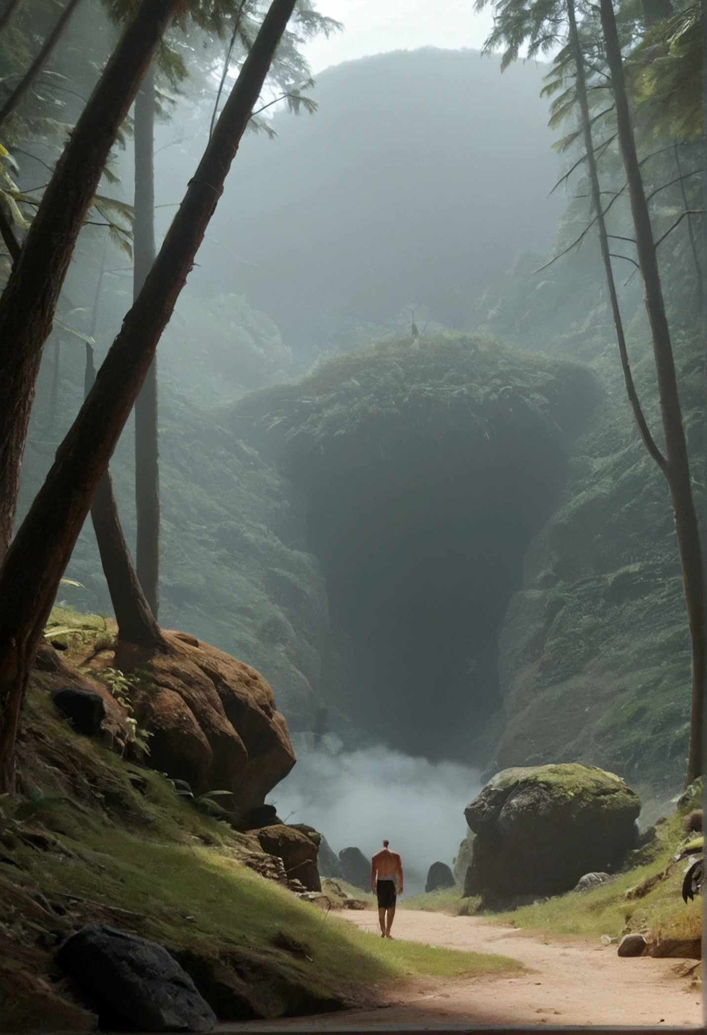 A tropical island, a gigantic human skull shaped cave opens up to the ocean, strange trees and animals grow on the island, fog hangs thin over the isle
