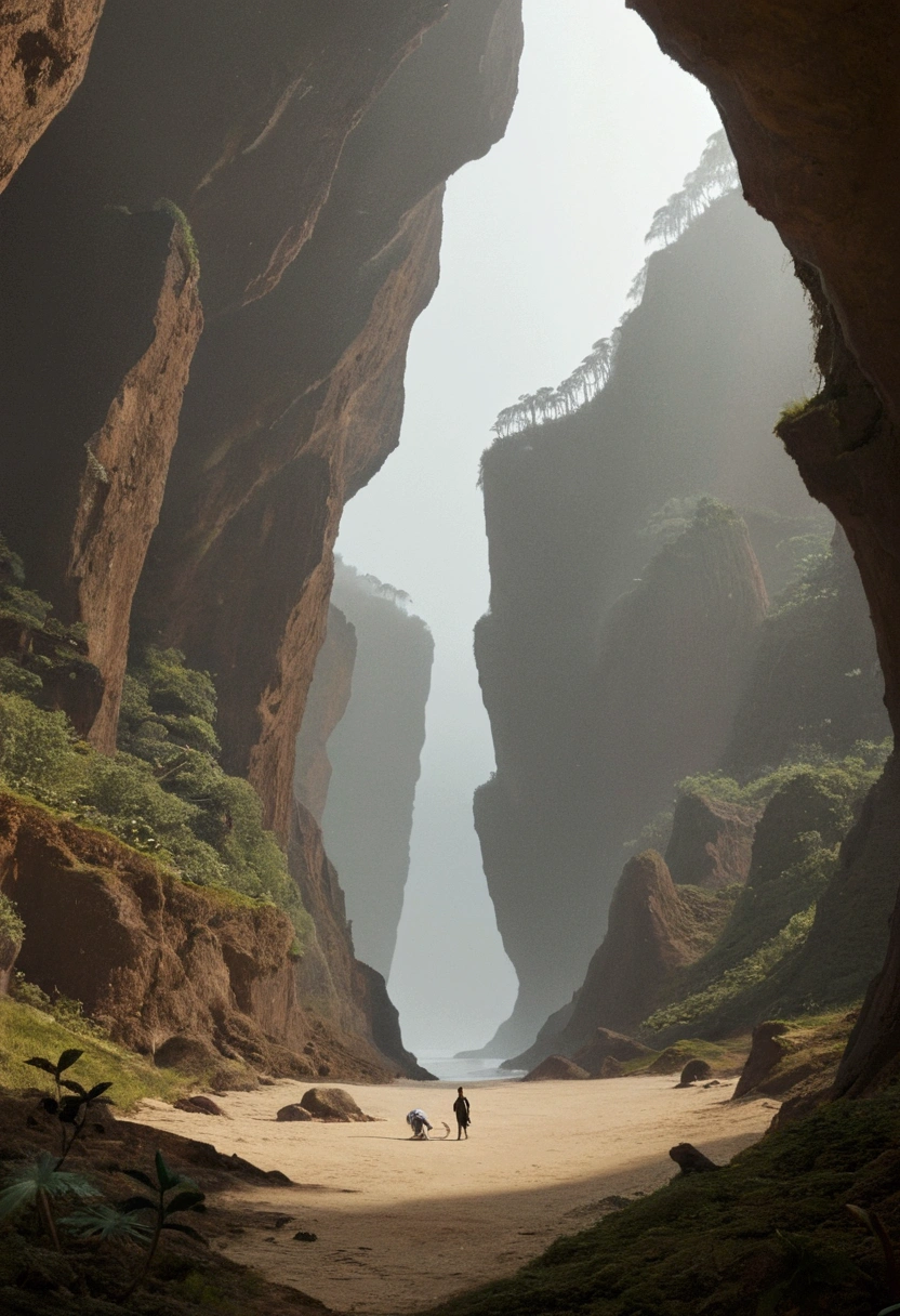 A tropical island, a gigantic human skull shaped cave opens up to the ocean, strange trees and animals grow on the island, fog hangs thin over the isle
