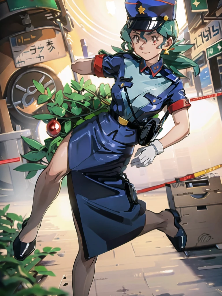 masterpiece, best quality, ultra-detailed, officer jenny, pokemon, 1girl, solo, long hair, smile, red eyes, green hair, white gloves, police hat, miniskirt, bag, star (symbol), uniform, blue skirt, blue shirt, pencil skirt, brown pantyhose, police uniform, realistic, city background volumetric lighting, intricate details, tonemapping, sharp focus, hyper detailed