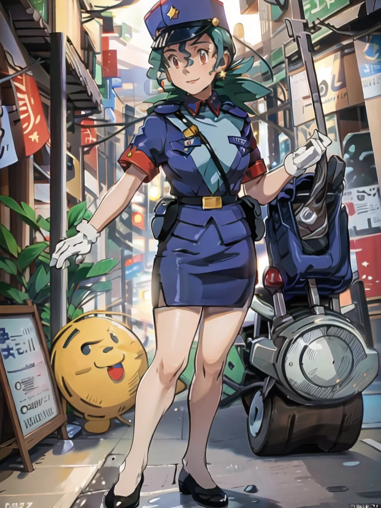 masterpiece, best quality, ultra-detailed, officer jenny, pokemon, 1girl, solo, long hair, smile, red eyes, green hair, white gloves, police hat, miniskirt, bag, star (symbol), uniform, blue skirt, blue shirt, pencil skirt, brown pantyhose, police uniform, realistic, city background volumetric lighting, intricate details, tonemapping, sharp focus, hyper detailed