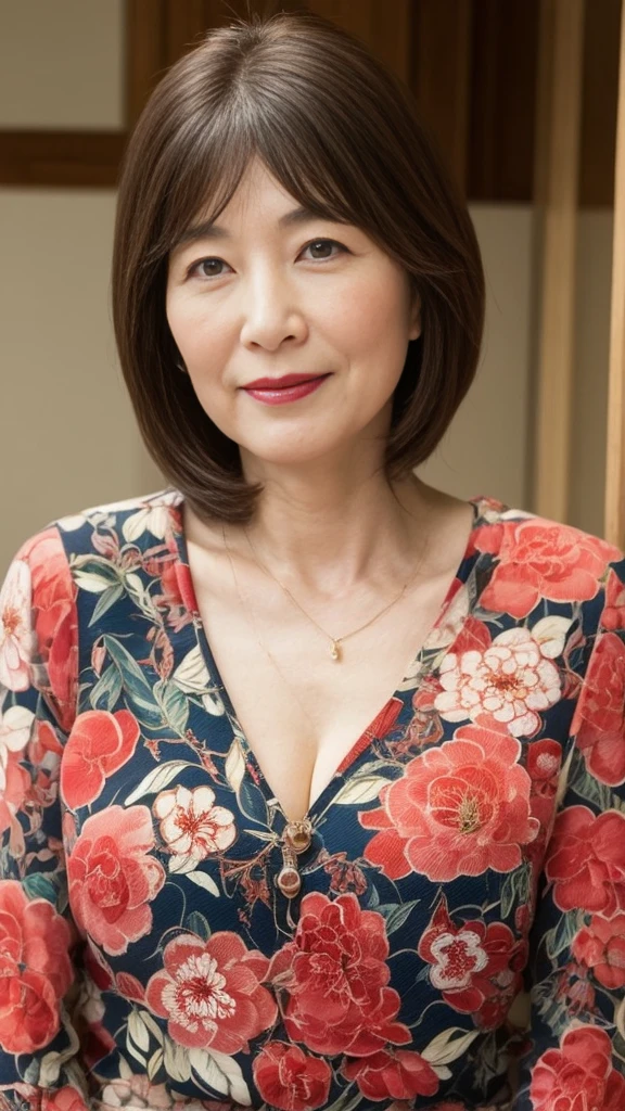 ID photo, Mature Woman, Our eyes met, Japanese painting gravure, senior citizen, Draw lips correctly, Red lipstick, No discomfort, 120 years old, 16K, Highest quality, Very detailed, Realistic, Very detailed肌, (Japanese), alone, Large Breasts, Neighborhood Wife, Glamour, sexy, Chromo White Skin, Staring straight ahead,