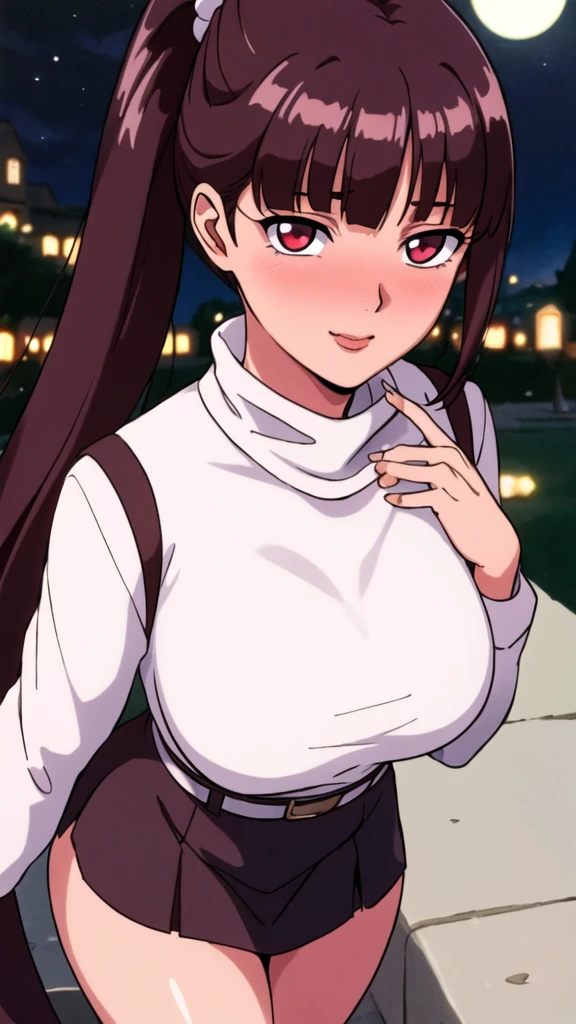 white turtleneck, black pencil shirt,black short skirt, belt,hair ornament, hair scrunchie,low ponytail, long hair, bangs, brunette, black hair, blunt bangs, big red eyes, alone, 1 girl, Young female, 18 years old, sexy gal, very cute, smile, Beautiful Finger,Beautiful long legs,Beautiful body,Beautiful Nose,Beautiful character design, perfect eyes, perfect face,expressive eyes, looking at viewer, in the center of the image,(light smile:0.5), official art, outdoor, portrait, perfect lighting,Colorful, Bright_Front_face_Lighting,shiny skin, (masterpiece:1.0),(best quality:1.0), ultra high res,4K,ultra-detailed, photography, 8K, HDR, highres, absurdres:1.2, Kodak portra 400, film grain, blurry background, bokeh:1.2, lens flare, (vibrant_color:1.2), (beautiful face), (curvy body), (ashamed, blushing), glossy lip rouge, glossy crimson rouge, (jealousy), SFW, seductive, charming,(attractive,enchanting,fascinating,captivating,bewitching,enthralling,entrancing,attractive,gripping,engrossing),airport,night,fullmoon,bluemoon,(flush, blush, flushing, suffusion),(perplexity; aporioneurosis; quandary; bewilderment; embarrassment)